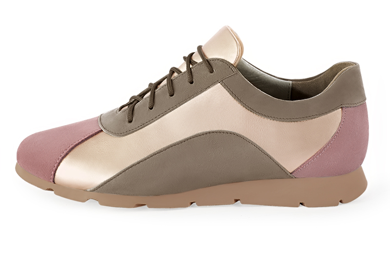 Dusty rose pink, gold and taupe brown women's three-tone elegant sneakers. Round toe. Flat rubber soles. Profile view - Florence KOOIJMAN